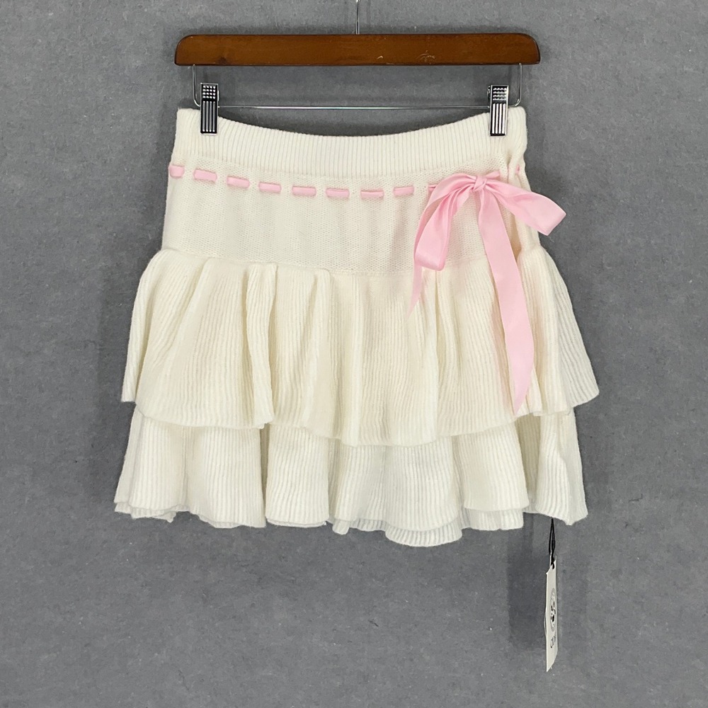 Cider Cream Knit Skirt L Ruffle Tiered Pink Ribbon Coquette Vanilla‎ Clean Girl